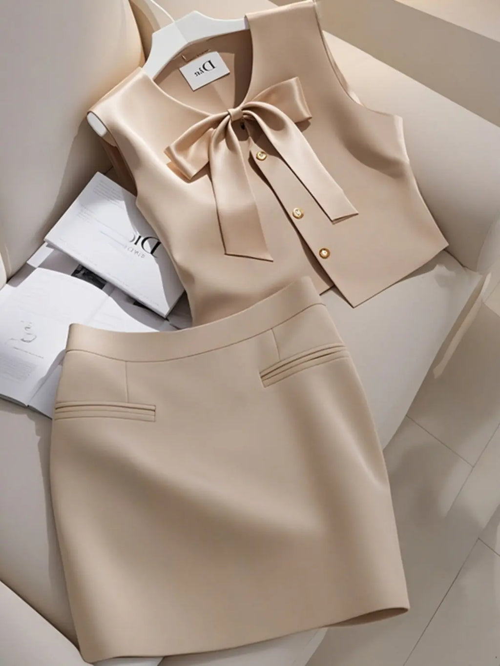Women Clothes Elegant Two-piece  Fashionable Bow Sleeveless Dress Sets