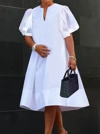 Women Midi Shirts Dress Short Sleeves Black and White Polka Dot Daily Casual Simple Female A - line Dresses - Nitamoje