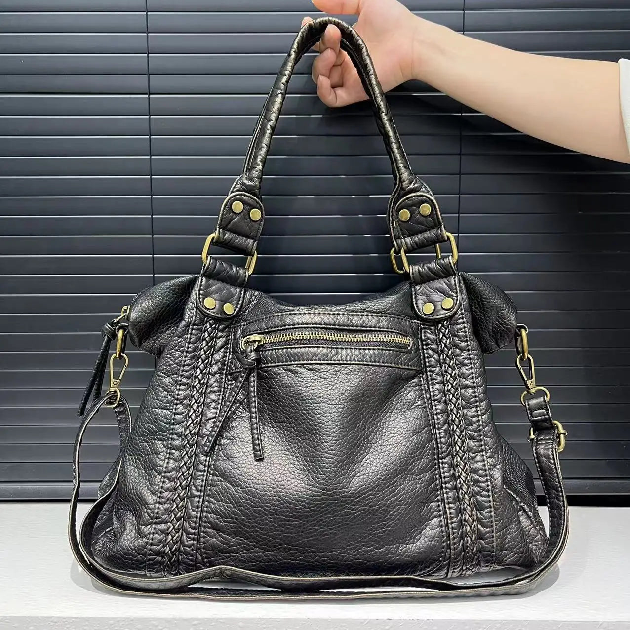 Y2K Washed Leather Motorcycle Shoulder Bag