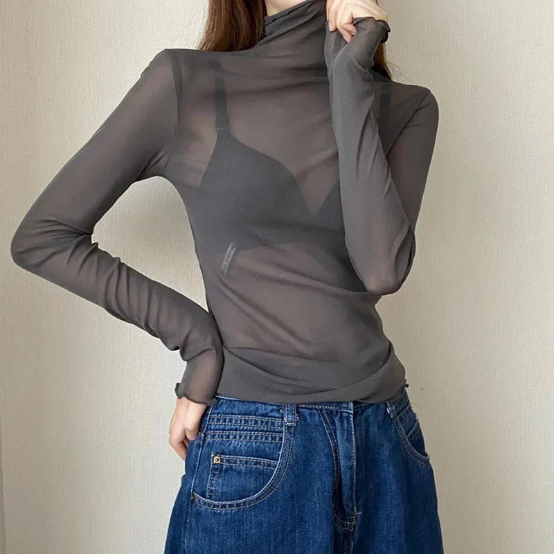 High-Neck Lace See-Through Long Sve Blouse