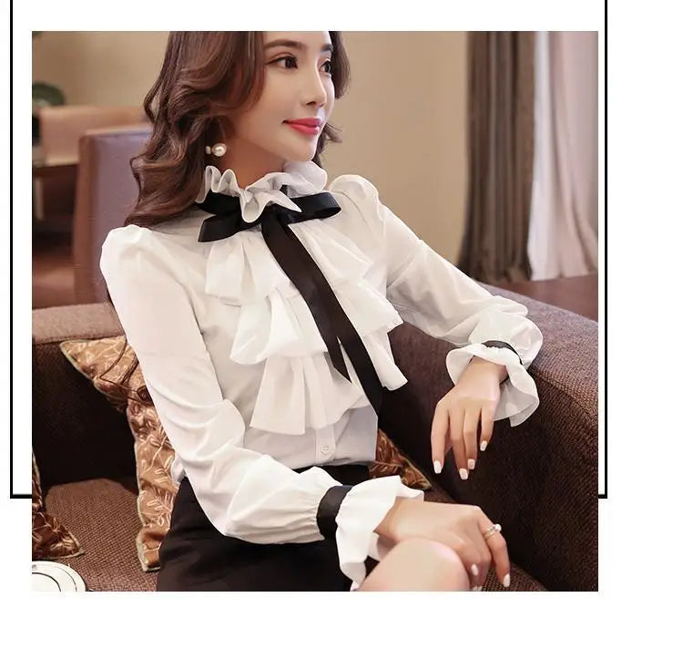 Elegant Women's Summer Blouse | Casual Ruffle Bow Long Sleeve Top White Shirt