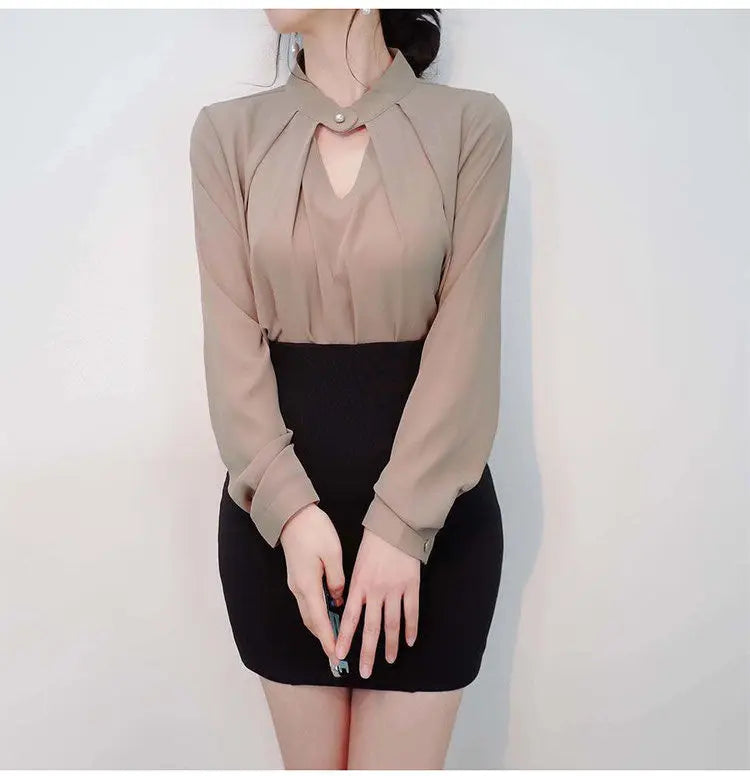 Solid Blouses Women Chiffon Shirts Long Sve flattering Hollow chic All-match Basic Spring Summer Tops Thin Chic Elegant Female Ins
