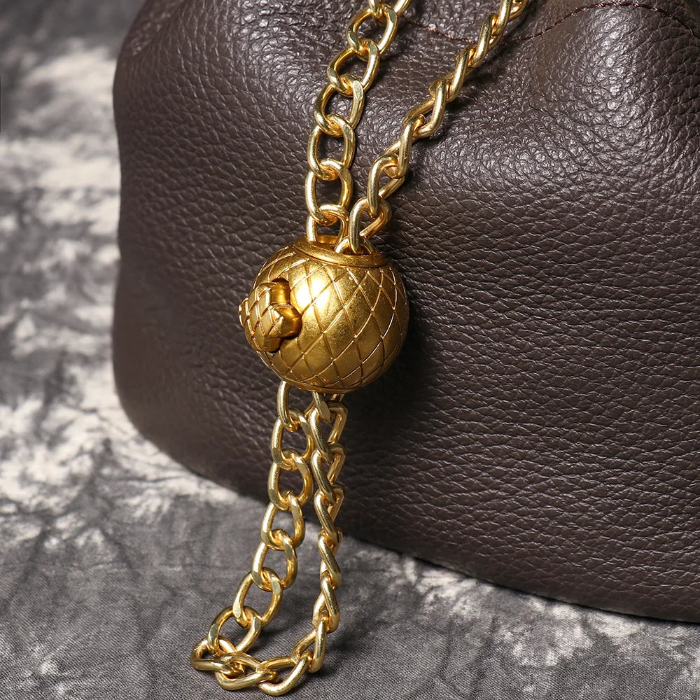 Metal Drawstring Genuine Leather Chain Bucket Bag