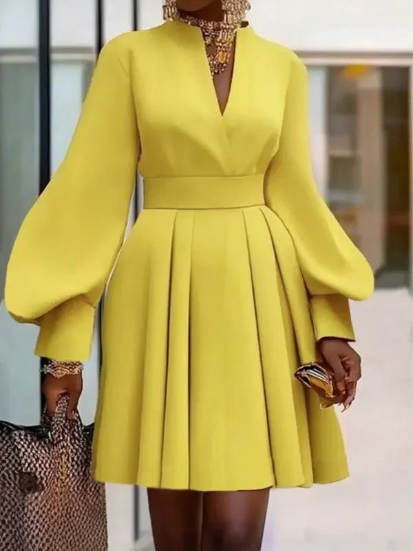 Gymystars Long Dresses with Sleeves Yellow Summer Dress Woman 2026 Fashion A - Line V - Neck Casual Pleated Party Mini Dress Female - Nitamoje