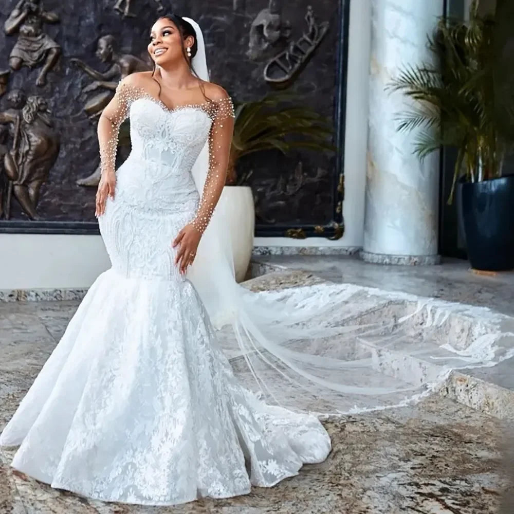 Mermaid Wedding Dress | Long Sleeve Beaded Lace Phantom Neck Bridal Gown