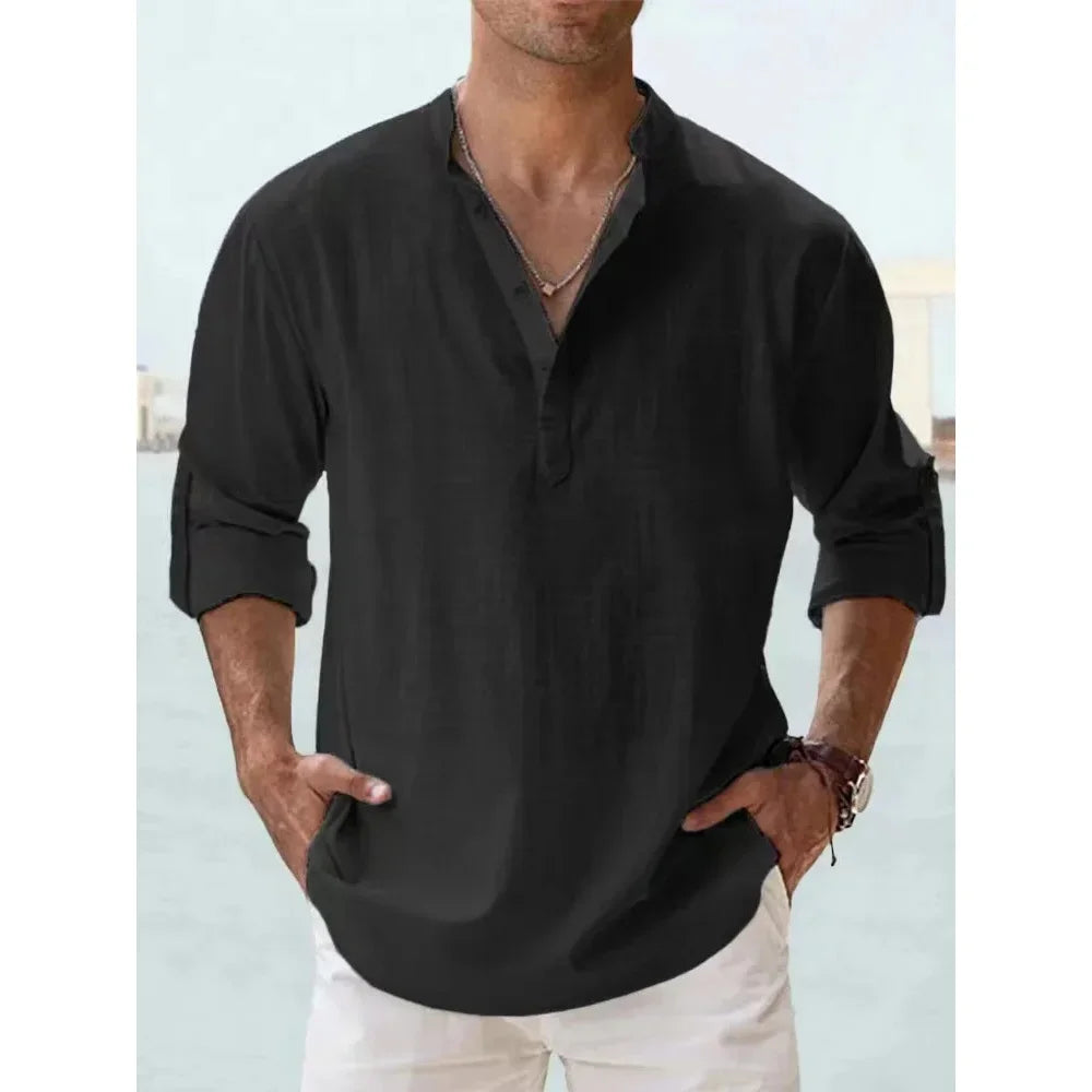 Men's Cotton Linen Short Sleeve Shirt | Solid Color Henley Casual Beach Hawaiian Vacation