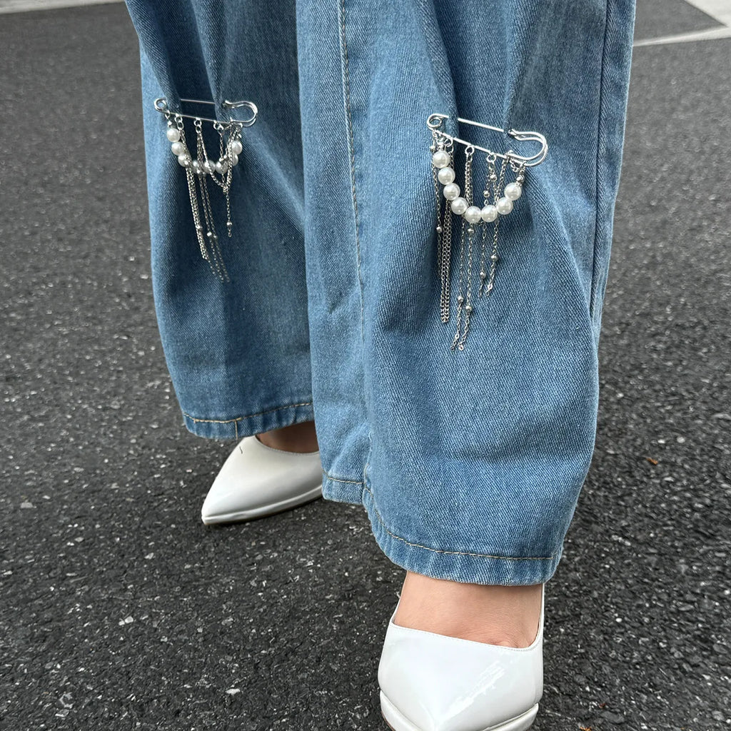 Retro Sweet Imitation Pearl Metal Chain Tassel Pendant Pin Pants Foot Chain  Creative Girl Fashion Sweet Fashion Jewelry
