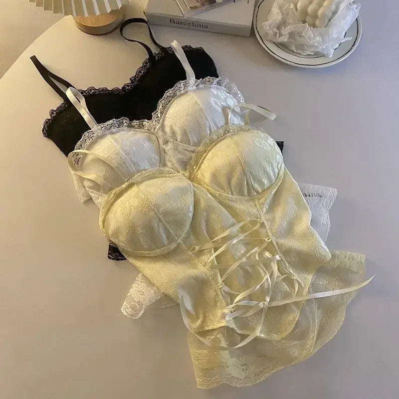 Lace Bandage Corset Sveless Crop Top