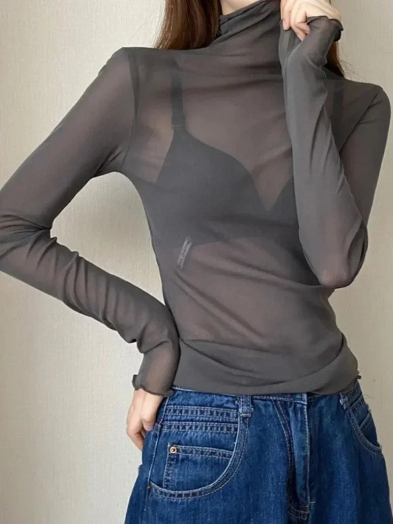 High-Neck Lace See-Through Long Sve Blouse