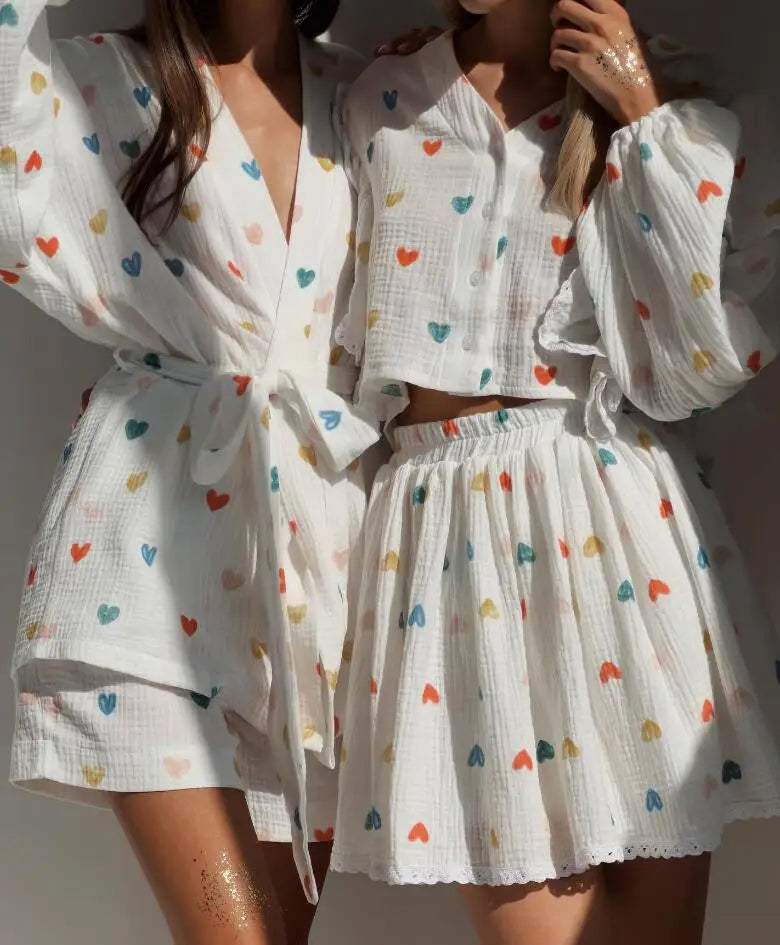 Ruffle Edge Long Sleeved Printed Shirt + Elastic Waist Short Skirt Set