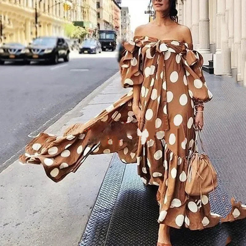 Women Off-the-shoulder Polka Dot Long Dress