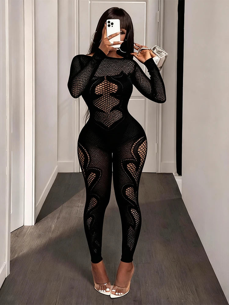 Women's Mesh Long Sleeve Cut-Out Fitted Jumpsuit