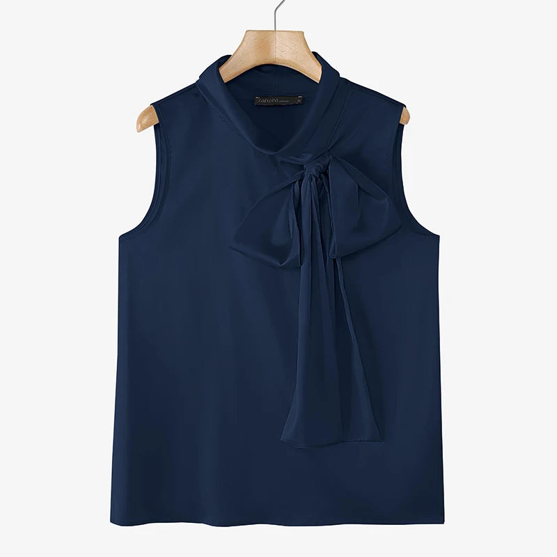 Elegant Bow Tie Blouse | Satin Sleeveless Solid Color Half High Collar Casual Fashion Shirt