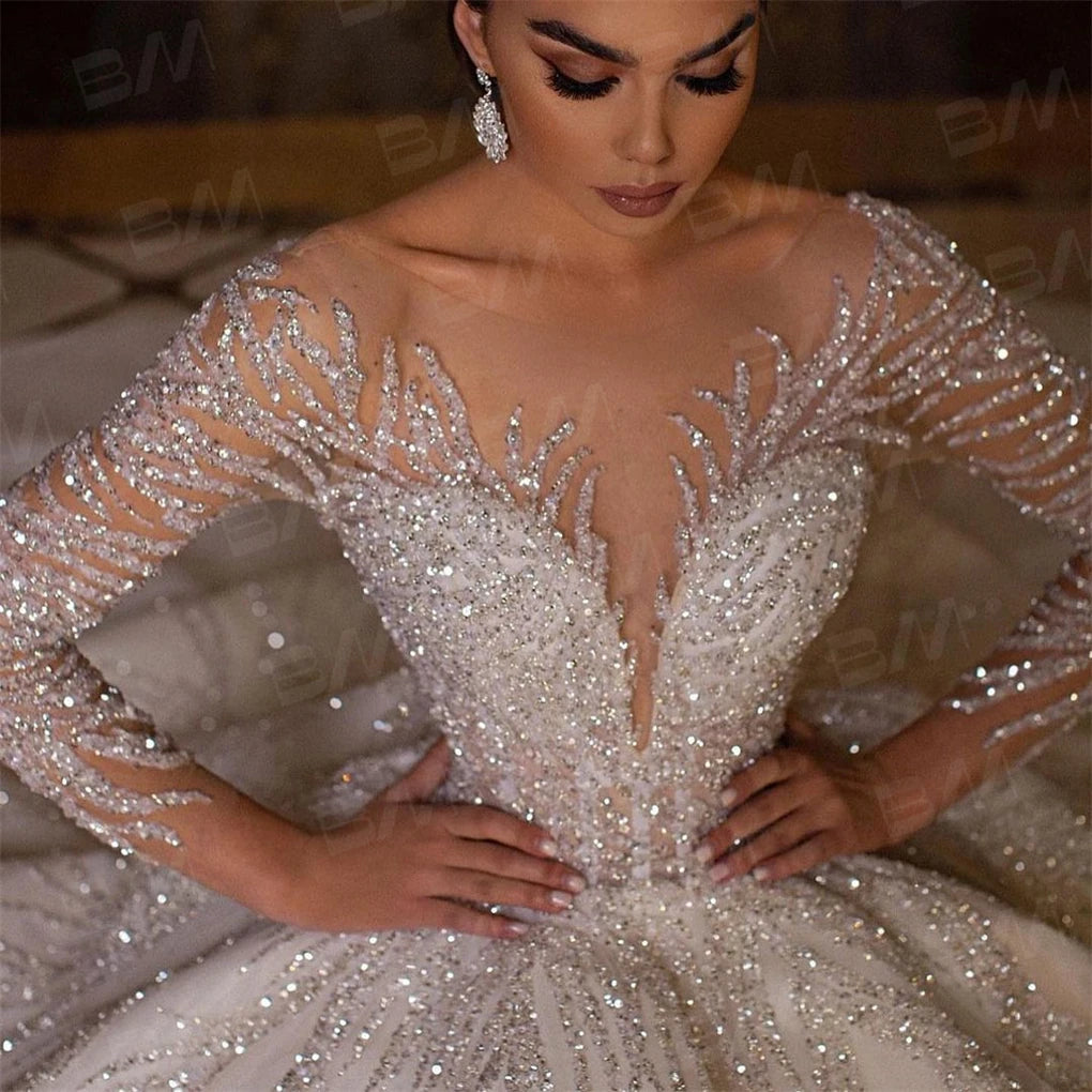 Hand Beaded Long Sleeve Ball Gown Wedding Dress | Chapel Train Bridal Gown