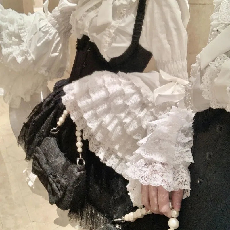 Lolita Blouse Women Y2k Gothic Peter Pan Collar Lace Bow Ruffles Tops Oversized Flare Sve Sweet Shirts JSK White Blouses
