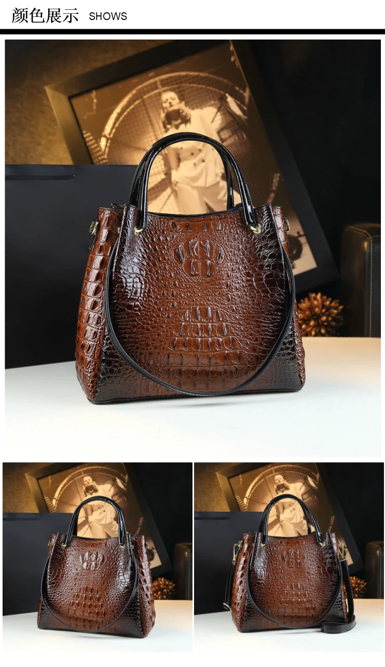 Genuine Leather Crocodile Print Bucket Bag