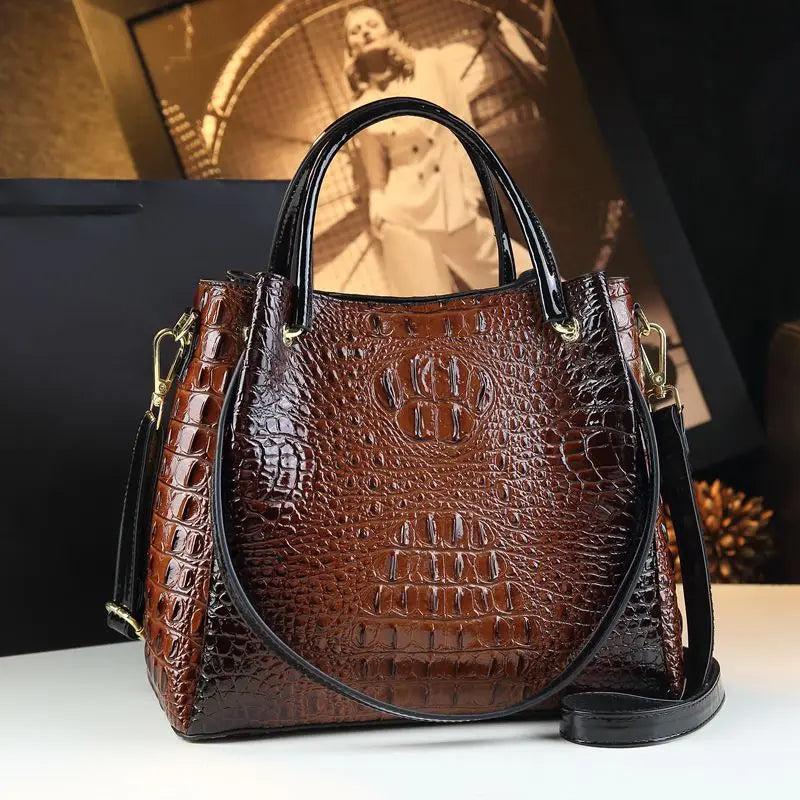 Genuine Leather Crocodile Print Bucket Bag