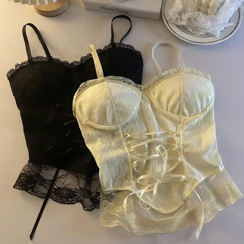 Lace Bandage Corset Sveless Crop Top