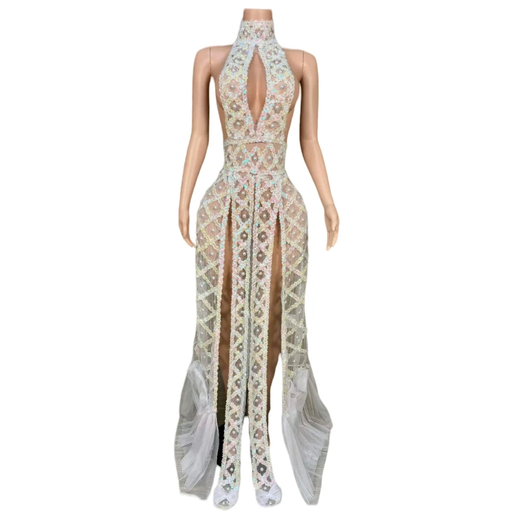 Pearl Embellished Open-Back Dance Costume Stage Wear