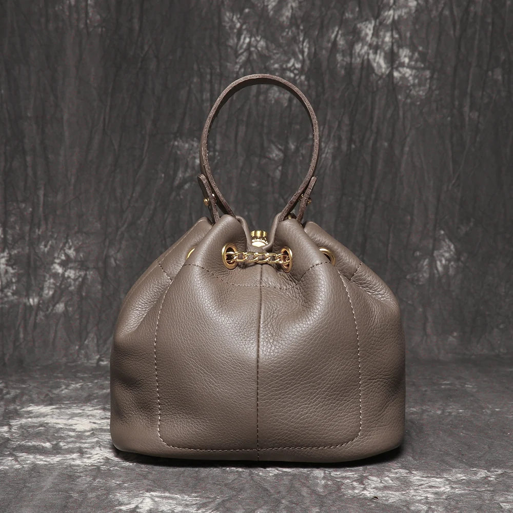 Metal Drawstring Genuine Leather Chain Bucket Bag