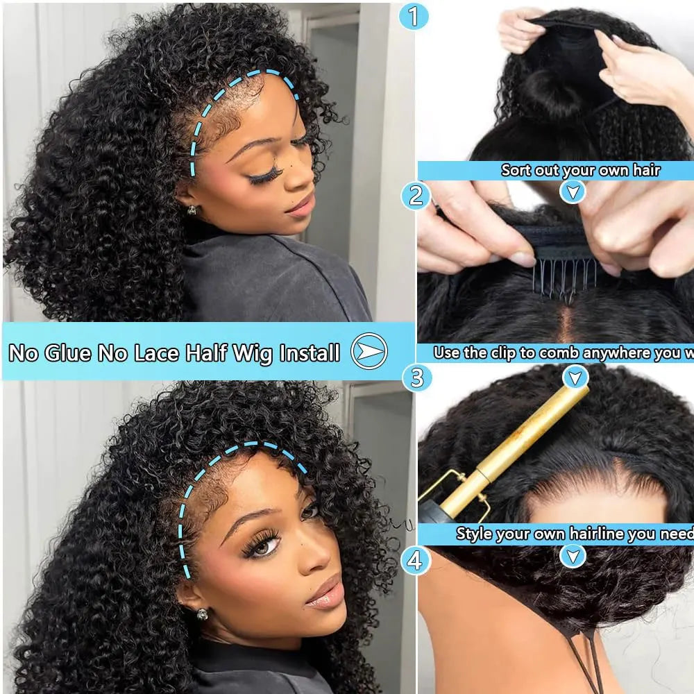 250% Half Wigs Human Hair Afro Kinky Curly Headband Wig Urade 3 IN 1 Half Wig With Drawstring Seamless Clip Ins Flip Over