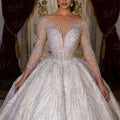 Hand Beaded Long Sleeve Ball Gown Wedding Dress | Chapel Train Bridal Gown