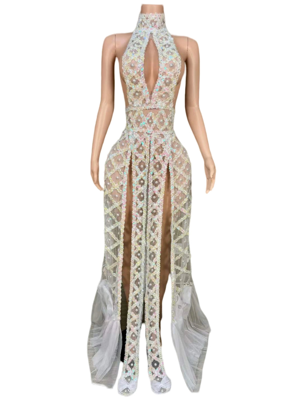 Pearl Embellished Open-Back Dance Costume Stage Wear