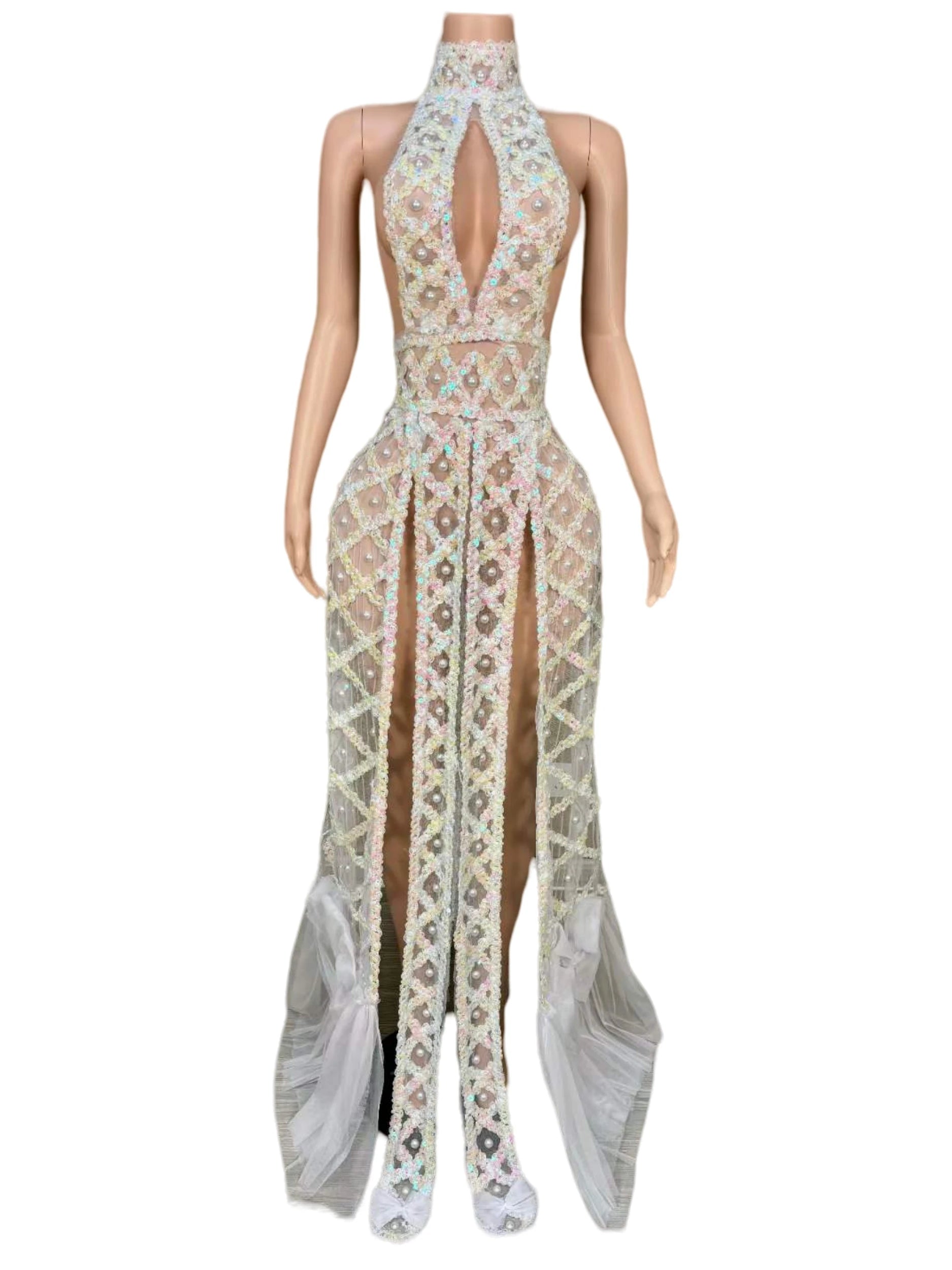 Pearl Embellished Open-Back Dance Costume Stage Wear