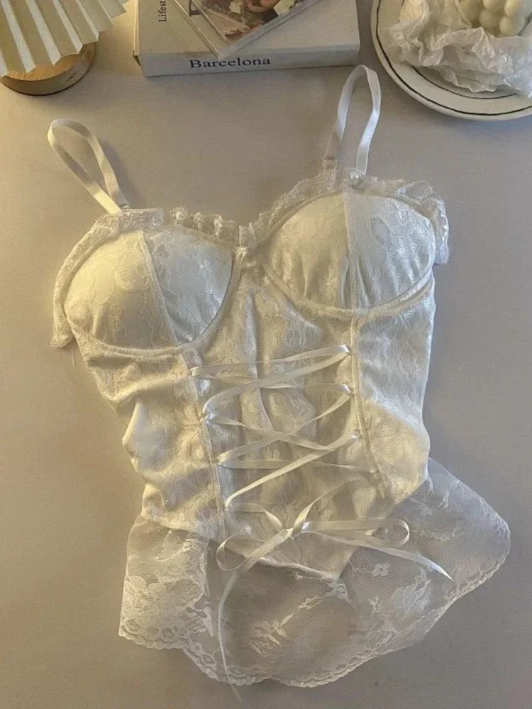 Lace Bandage Corset Sveless Crop Top