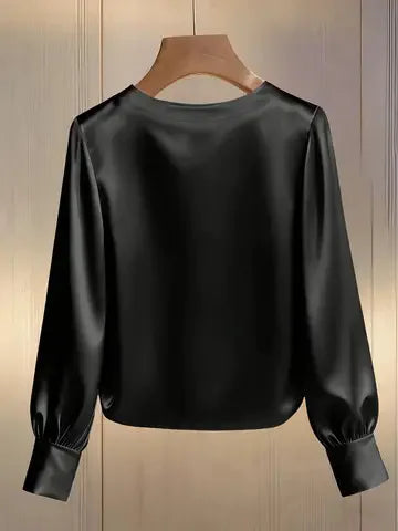 Pearl O-Neck Satin Boho Blouse