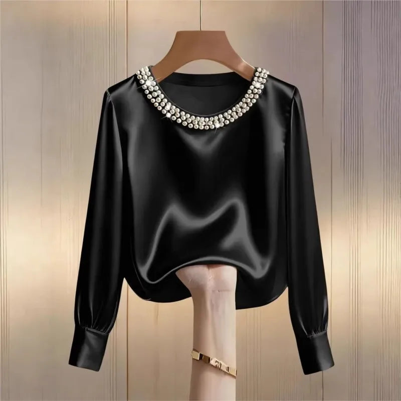 Pearl O-Neck Satin Boho Blouse