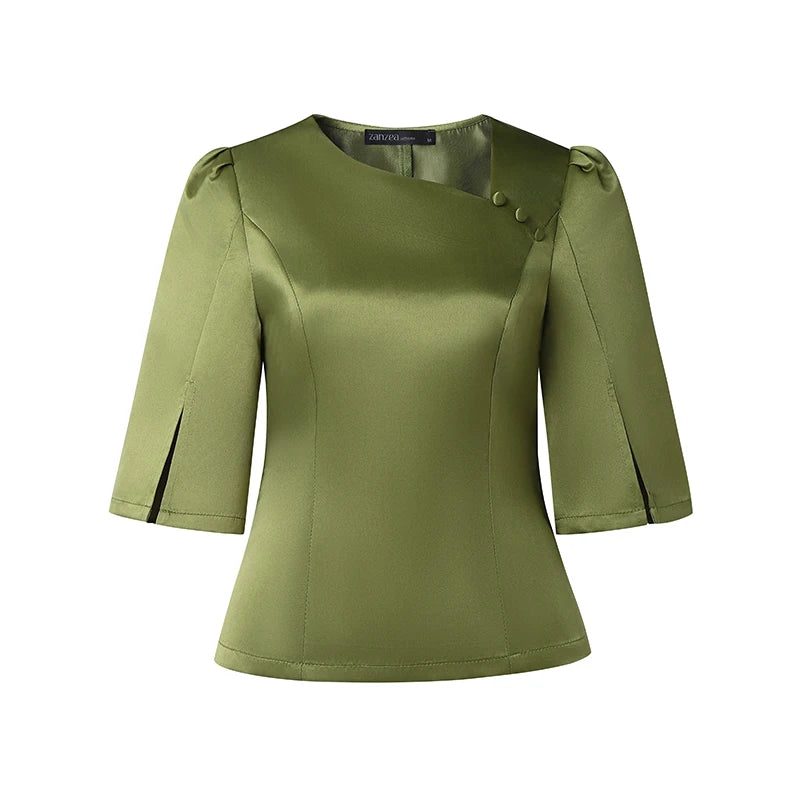 Elegant Office Lady Blouse | 3/4 Puff Sleeve Casual Solid Tunic Top | Loose Summer Shirt