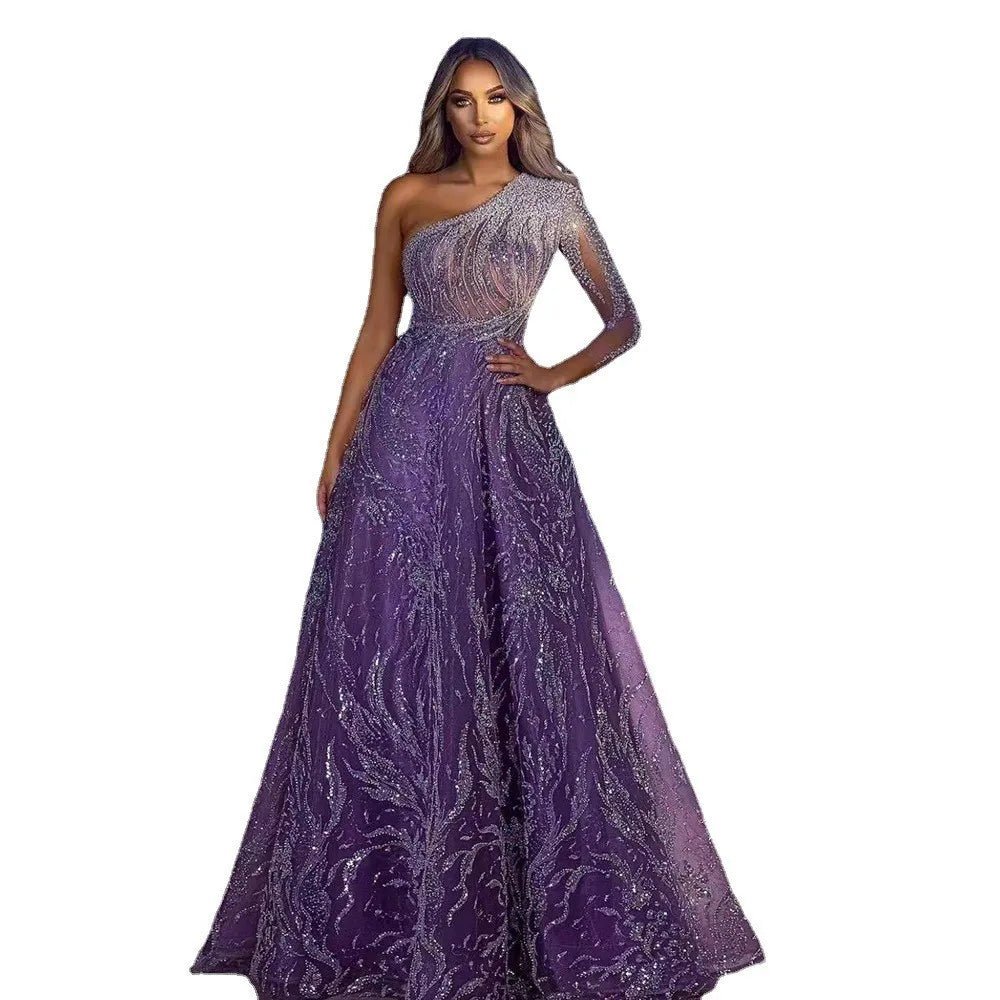Elegant Long Sleeve Evening Gown | Gold Detail Side Slit flattering Fit Formal Dress - Nitamoje