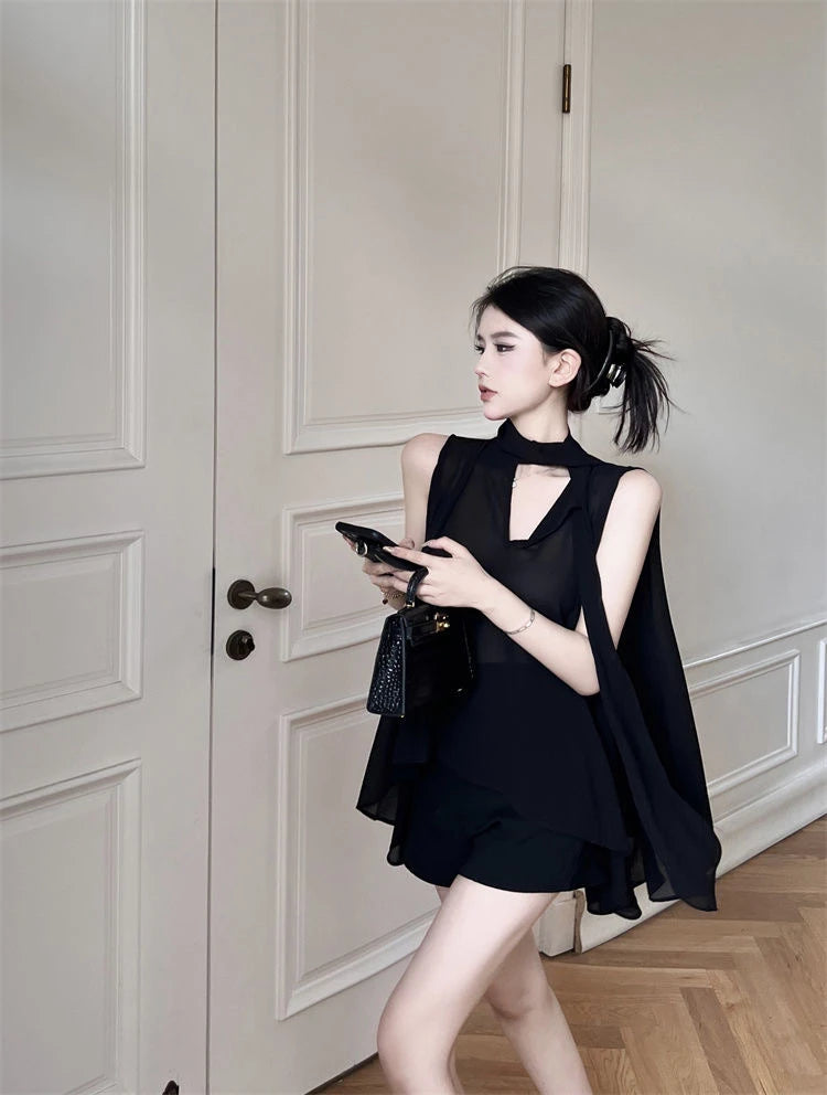 Black V-Neck Chiffon Blouse