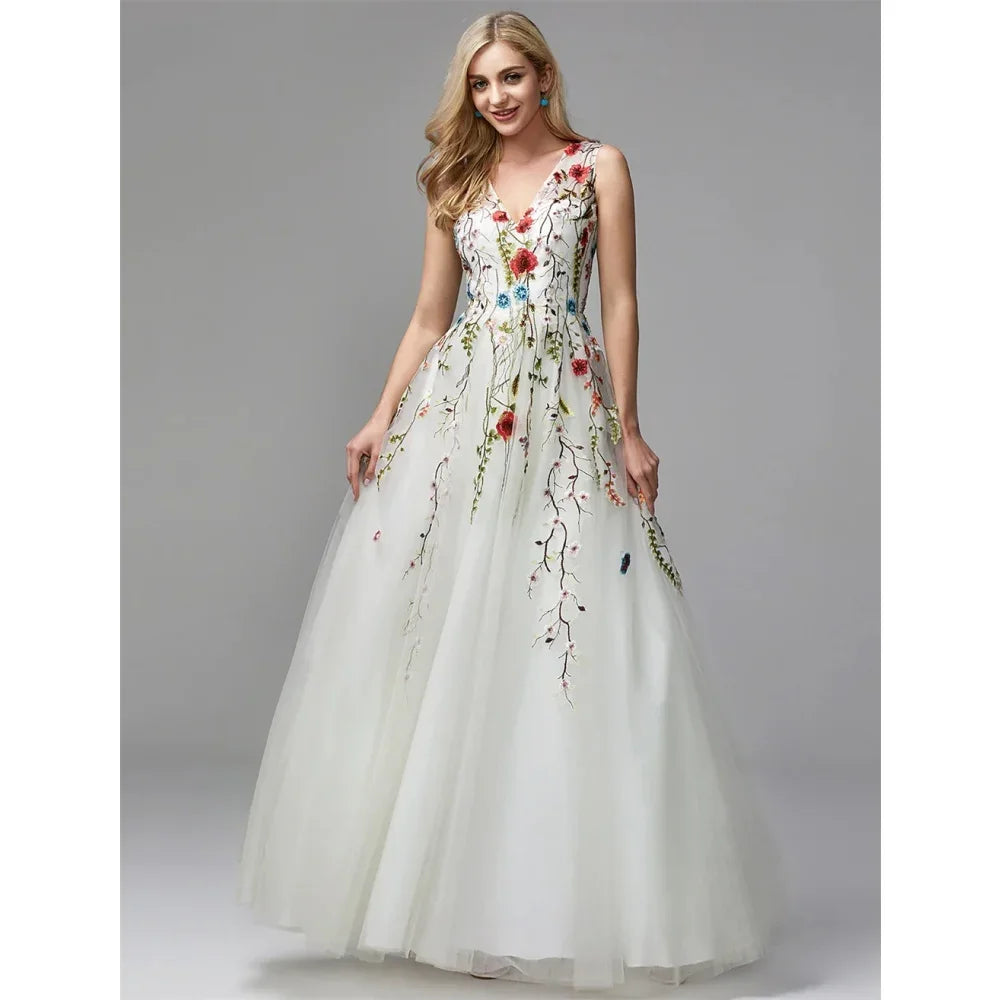 A-Line Floral Lace Prom Dress | Floor-Length Strapless Spaghetti Strap Formal Gown