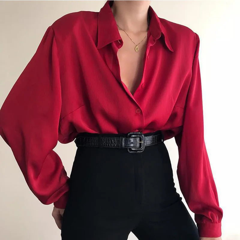 Women Button Blouses Turn Down Collar Shirts Office Lady Long Sve Casual Blouse Loose OL Shirt Baggy Tops Red/Wine Red /Black