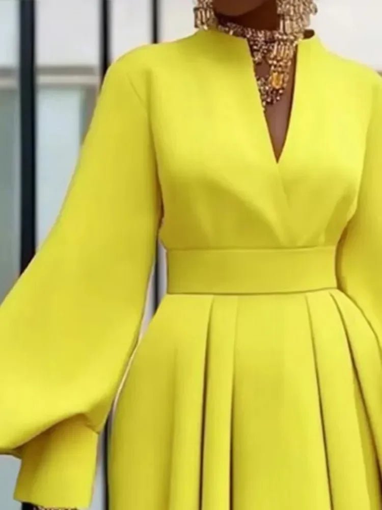 Gymystars Long Dresses with Sleeves Yellow Summer Dress Woman 2026 Fashion A - Line V - Neck Casual Pleated Party Mini Dress Female - Nitamoje
