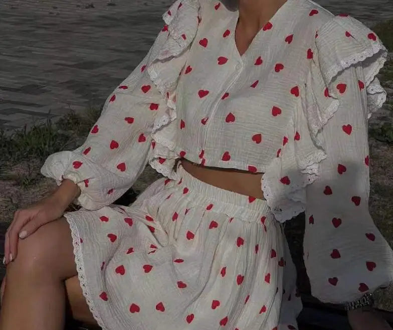 Ruffle Edge Long Sleeved Printed Shirt + Elastic Waist Short Skirt Set