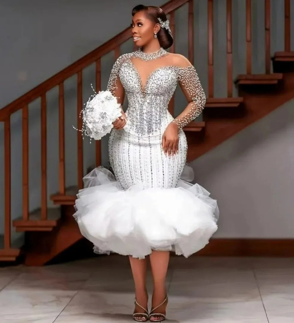 Crystal Beaded Mermaid Wedding Dress | O-Neck Long Illusion Sleeve Tiered Bridal Gown