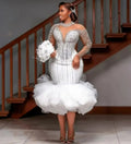 Crystal Beaded Mermaid Wedding Dress | O-Neck Long Illusion Sleeve Tiered Bridal Gown