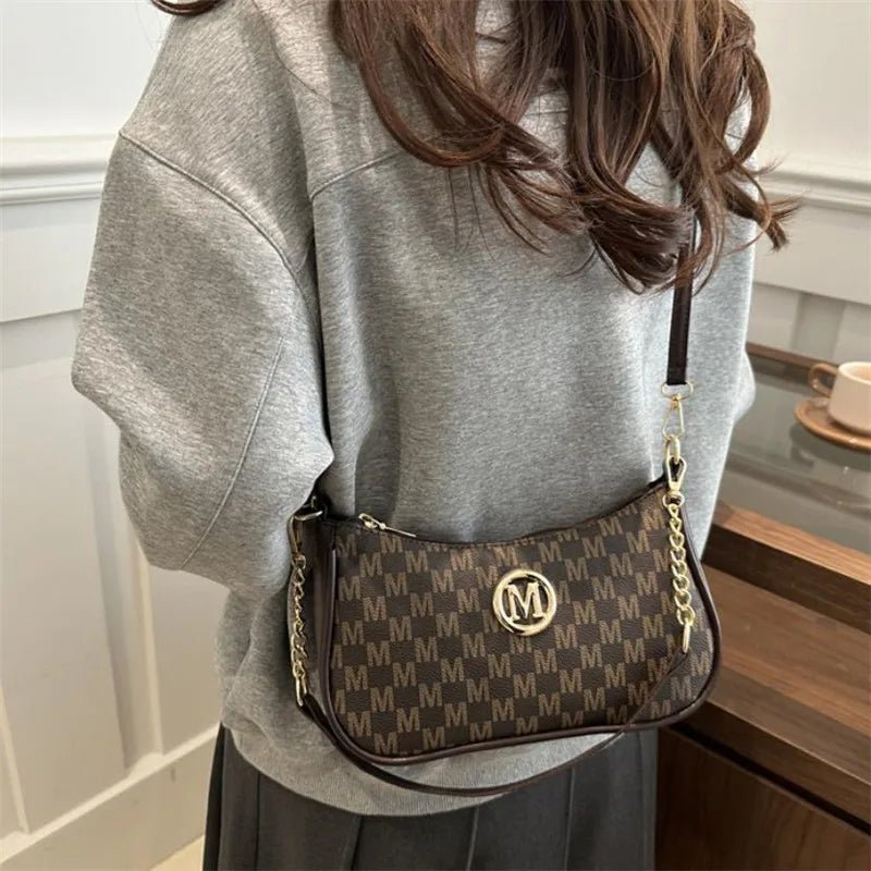 Vintage Style Handbag Crossbody Bag, Gold Letter 'M' Design Pu Leather Shoulder Messenger Bag, Synthetic Leather Tote Bag, Purse - Nitamoje