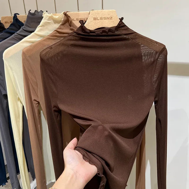 High-Neck Lace See-Through Long Sve Blouse