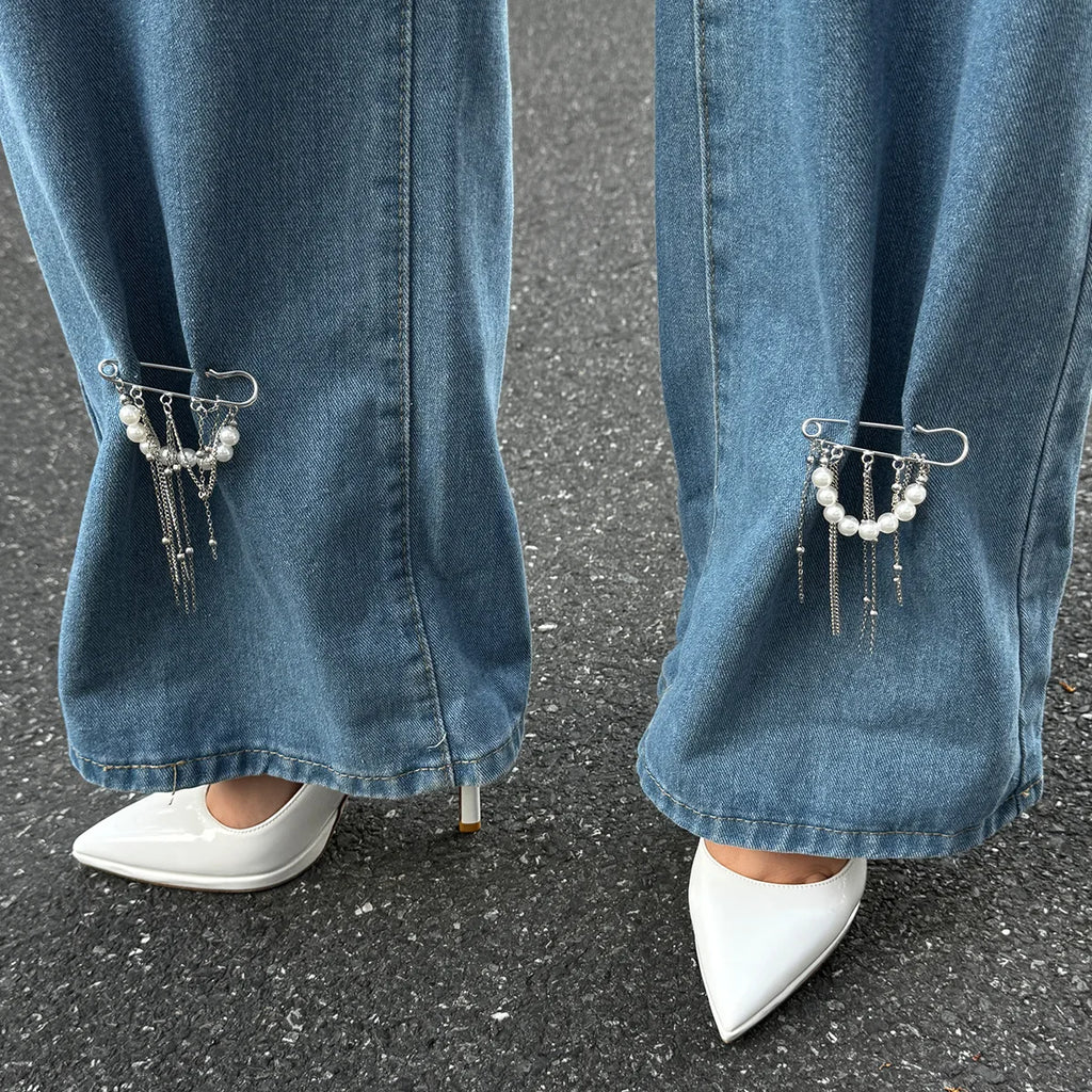 Retro Sweet Imitation Pearl Metal Chain Tassel Pendant Pin Pants Foot Chain  Creative Girl Fashion Sweet Fashion Jewelry