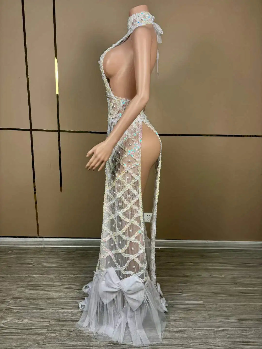 Pearl Embellished Open-Back Dance Costume Stage Wear