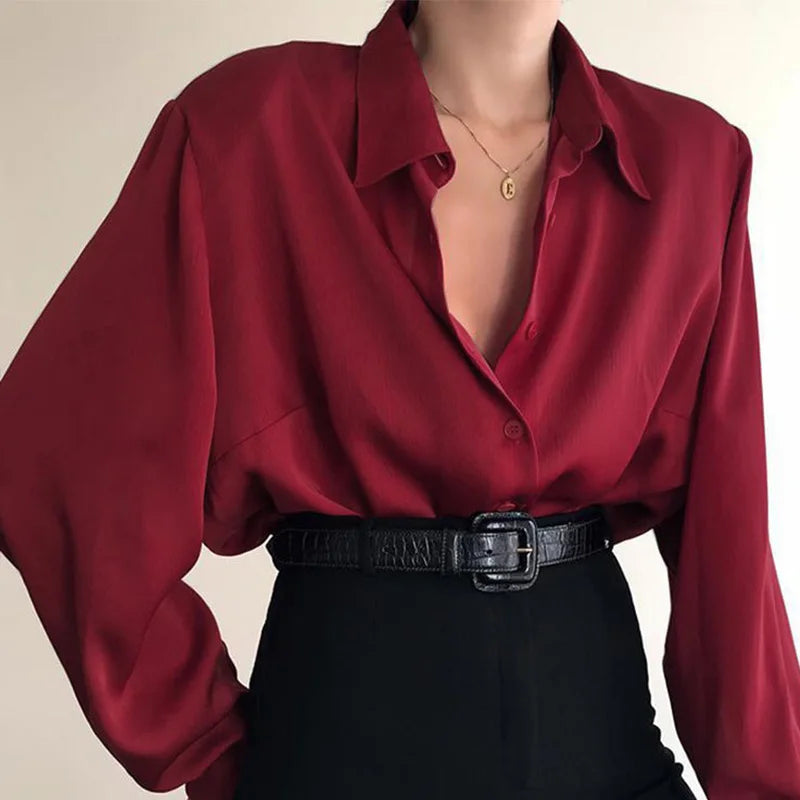 Women Button Blouses Turn Down Collar Shirts Office Lady Long Sve Casual Blouse Loose OL Shirt Baggy Tops Red/Wine Red /Black