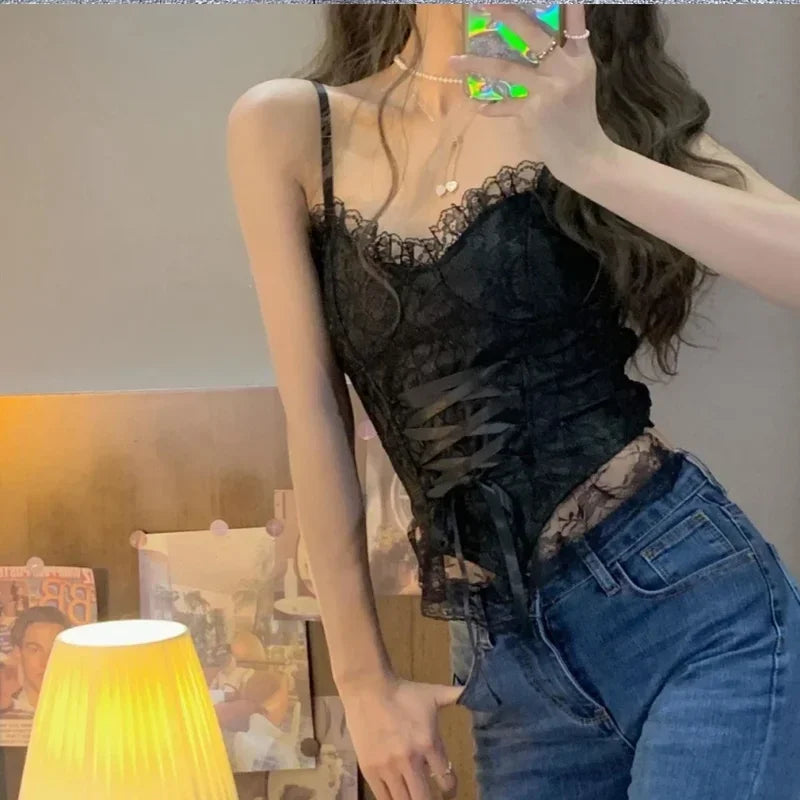 Lace Bandage Corset Sveless Crop Top