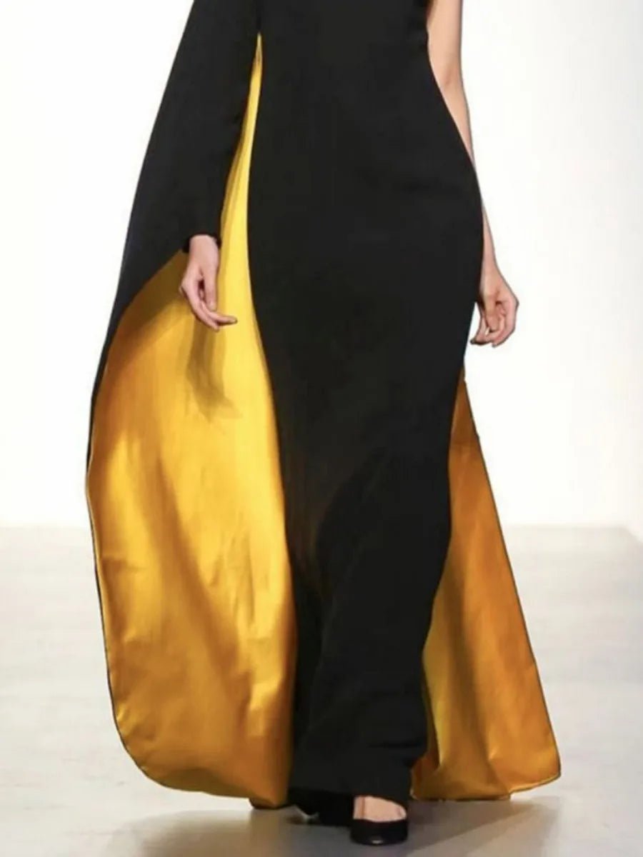Freeacy Women's Asymmetric Cape Dress Ruffled One - sleeve Floor Length Evening Gowns 2025 Stylish Contrast Color Party Dresses - Nitamoje