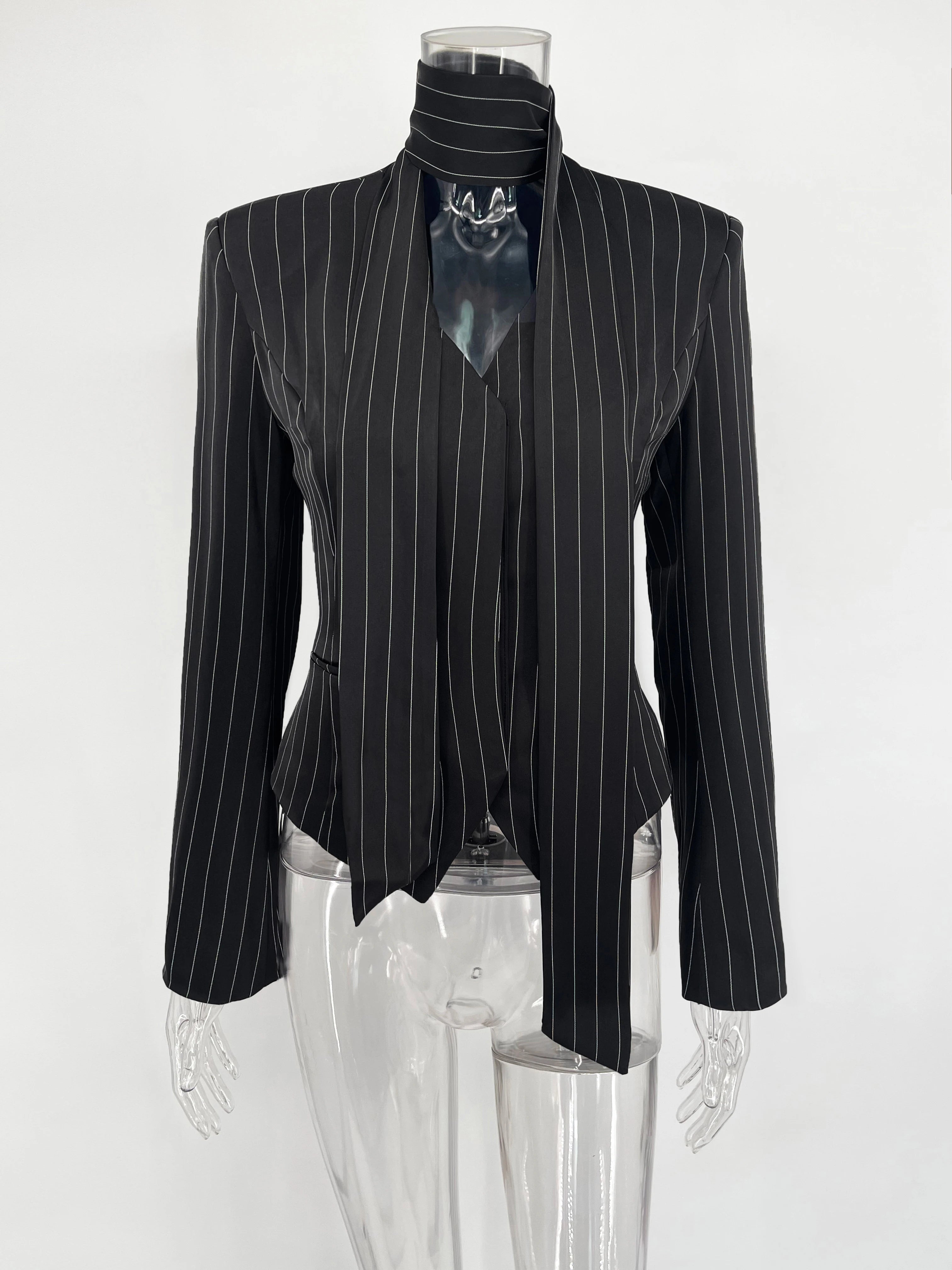 Women Short Dress Set Fashion Striped V-Neck Luxury Ribbon Blazer Skirt