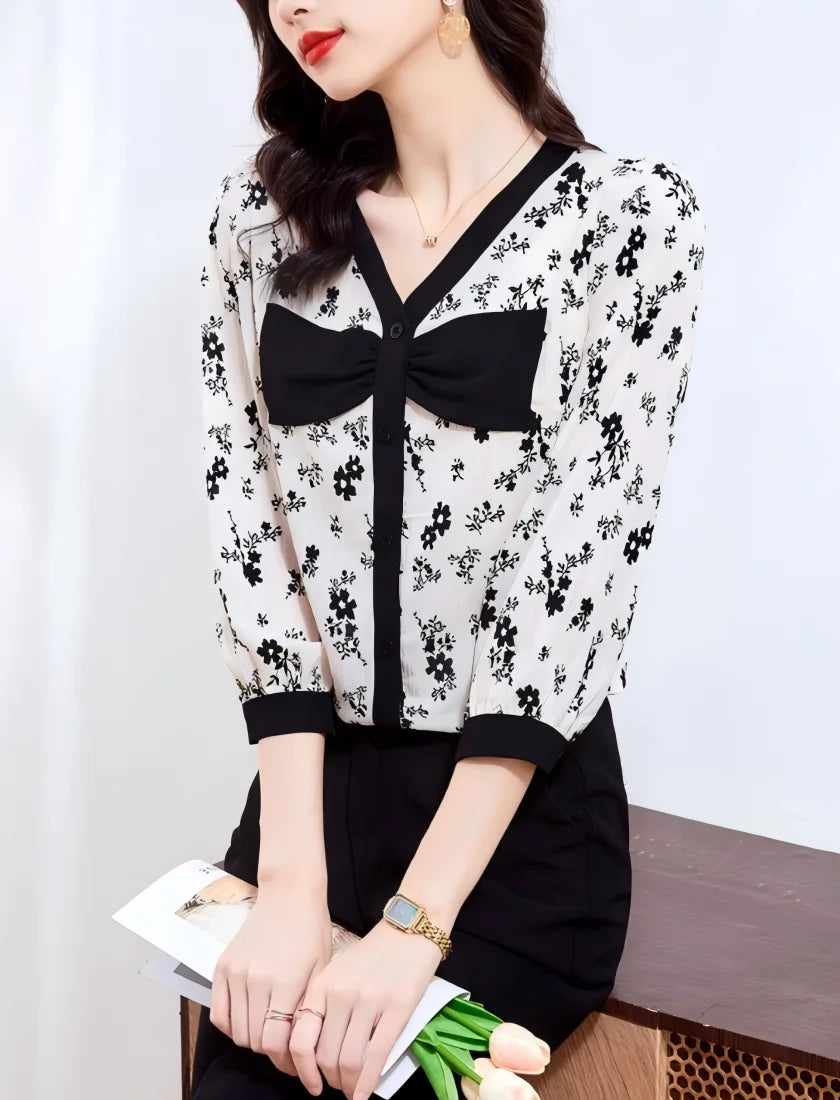 Floral V-Neck Bowknot Shirt Blouse