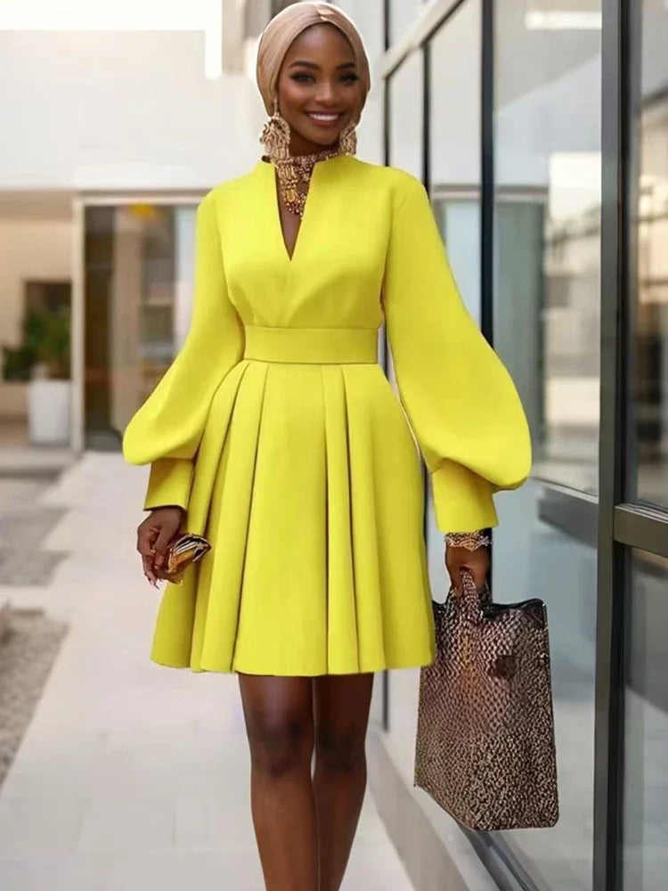 Gymystars Long Dresses with Sleeves Yellow Summer Dress Woman 2026 Fashion A-Line V-Neck Casual Pleated Party Mini Dress Female
